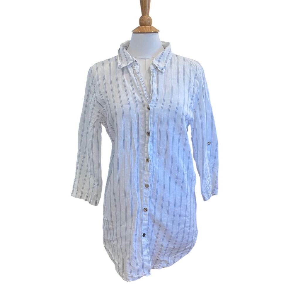 Rosemarine Blue White Striped Linen Button Down Tunic Dress, Roll Tab Sleeve L